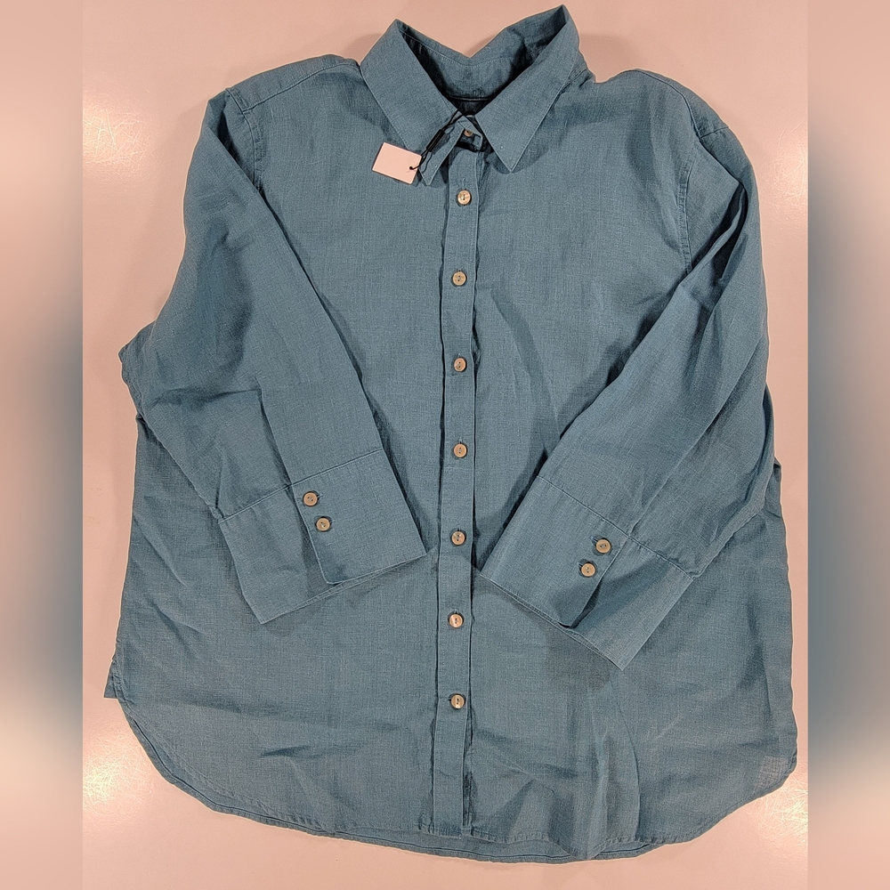 NEW Chicos No Iron Linen Fitted Blue Button Front 3/4 Sleeve Shirt Womens 2.5 16